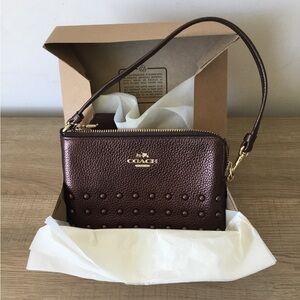 Coach Studded Pebbled Leather Corner Zip Wristlet w/Brown Lacquer Rivets in Box